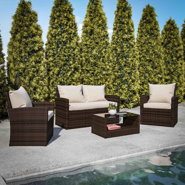 Flash Furniture Aransas Series 4 Piece Brown Patio Set with Beige Back Pillows and Seat Cushions JJ-S351-BNBG-GG - main
